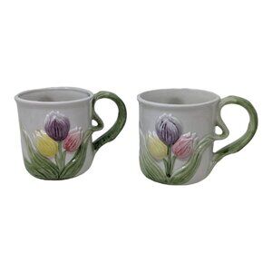 Pair of 2 Omnibus JAPAN 3D Embossed Spring Flowers Tulips Coffee Cup Mugs